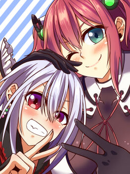 Rule 34 | 2girls, anniversary, black cape, black gloves, cape, close-up, closed mouth, commentary request, earrings, food-themed earrings, frilled sleeves, frills, gloves, green eyes, hacchou nenbutsu (tenka hyakken), hachimonji chougi, hakuyan8989, highres, jewelry, kanji connection, long hair, looking at viewer, multiple girls, name connection, one eye closed, open mouth, pink hair, pink ribbon, purple hair, red cape, red eyes, ribbon, sailor collar, short hair, smile, striped background, teeth, tenka hyakken, two side up, v-shaped eyebrows