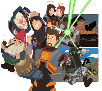3girls 4boys adrian_shephard alyx_vance barney_calhoun black_boots boots brown_hair chimeraenvy closed_eyes colette_green facial_hair garden_gnome gina_cross gordon_freeman gravity_gun grin half-life half-life_(series) half-life_1 half-life_2 halo hev_suit highres multiple_boys multiple_girls short_hair smile tongue tongue_out v-shaped_eyebrows wallace_breen white_hair