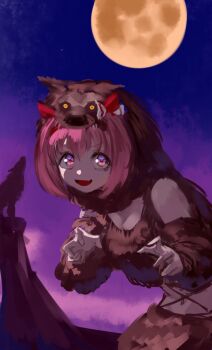 1girl animal_costume animal_ears animal_hood bow breasts brown_shirt brown_skirt brown_sleeves claw_pose cropped_shirt detached_sleeves ear_bow ear_covers fangs flower-shaped_pupils flower_in_eye full_moon hairband halloween_costume haru_urara_(umamusume) headband highres hood hood_up horse_ears horse_girl inishie_kumo long_hair looking_at_viewer midriff moon navel night open_mouth pink_eyes pink_hair pink_headband red_headband shirt skirt smile symbol-shaped_pupils symbol_in_eye umamusume werewolf werewolf_costume wolf wolf_costume
