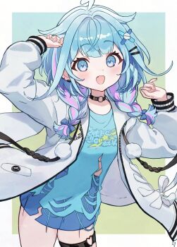 1girl :d absurdres ahoge arms_up black_choker blue_bow blue_eyes blue_hair blue_shirt blue_shorts border bow braid choker commentary cowboy_shot fang gradient_background hair_bow hair_flaps hair_ornament hairclip highres hololive hololive_dev_is hood hooded_jacket jacket long_sleeves looking_at_another low_twin_braids medium_hair mizumiya_su mizumiya_su_(1st_costume) mochigome_19 multicolored_hair o-ring o-ring_choker o-ring_thigh_strap open_mouth outside_border parallel_hairclips pink_streaks pom_pom_(clothes) print_shirt shirt short_shorts shorts smile solo streaked_hair thigh_strap torn_clothes torn_shirt torn_shorts twin_braids two-tone_hair virtual_youtuber white_border white_jacket x_hair_ornament