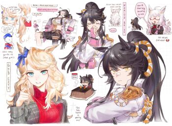 ... 1boy 3girls ahoge animal_ears bandaid bandaid_on_face bandaid_on_nose biwa_hayahide_(pf._winning_equation...)_(umamusume) biwa_hayahide_(umamusume) black_hair black_skirt blonde_hair blue_bow bow breasts closed_mouth commentary ear_bow english_commentary english_text epaulettes fingerless_gloves glasses gloves gold_city_(casual)_(umamusume) gold_city_(umamusume) green_eyes grey_jacket highres hiru315 horse_ears horse_girl horse_tail jacket jewelry kotatsu long_hair long_sleeves looking_at_viewer medium_breasts multiple_girls narita_brian_(maverick)_(umamusume) narita_brian_(umamusume) necklace on_bench plaid_clothes plaid_jacket playing_with_own_hair ponytail purple_gloves red_sweater skirt speech_bubble spoken_ellipsis sweater table tail thought_bubble trainer_(umamusume) umamusume under_kotatsu under_table white_jacket yellow_eyes