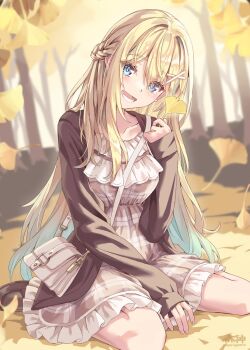 1girl artist_name autumn_leaves bag blonde_hair blue_eyes braid breasts cardigan commentary_request dress ginkgo_leaf gradient_hair green_hair hair_ornament hairclip half_up_braid handbag highres holding holding_leaf leaf loafers long_hair looking_at_viewer morigami_(morigami_no_yashiro) multicolored_hair original plaid_clothes plaid_dress shoes sitting solo wariza