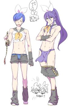 Rule 34 | >:<, 2boys, :<, abs, aqua eyes, bare shoulders, belt, blue briefs, blue hair, blue male underwear, bow, briefs, closed eyes, closed mouth, cosplay, crossed arms, detached sleeves, ecchuu fundoshi, embarrassed, fundoshi, hair bow, hair ornament, hairclip, headphones, headset, highres, japanese clothes, kagamine len, kagamine rin, kagamine rin (cosplay), kaito (vocaloid), kamui gakupo, leg warmers, long hair, male focus, male underwear, midriff, multiple boys, navel, open mouth, ponytail, purple hair, sailor collar, serious, shorts, sweatdrop, tamara, toned, toned male, torn clothes, treble clef, underwear, unzipped, v-shaped eyebrows, vocaloid, white male underwear