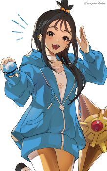 1girl :d black_hair blue_hoodie choker commentary_request dive_ball doughnut_(smmp4848) earclip gen_1_pokemon highres holding holding_poke_ball hood hood_down hoodie leggings lida_(pokemon) light_blush long_hair long_sleeves nintendo open_mouth poke_ball pokemon pokemon_(creature) pokemon_legends:_z-a shirt sidelocks simple_background smile staryu teeth tongue topknot upper_teeth_only white_choker white_shirt