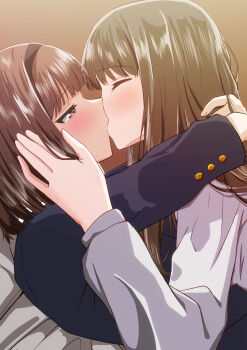 Rule 34 | 2girls, absurdres, arms around neck, black jacket, blazer, blue reflection (series), blue reflection tie, blush, brown eyes, brown hair, closed eyes, commentary request, hand in another's hair, hand on another's face, highres, hoshizaki ao, jacket, kasuga shiho, kiss, long hair, melonpan134, multiple girls, shirt, short hair, white shirt, yuri