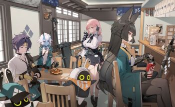 1boy 3girls absurdres animal_ears armor asaba_harumasa bangboo_(zenless_zone_zero) black_choker black_gloves black_hair black_pantyhose black_skirt blue_skin blunt_bangs breasts can chair choker chukibabo2 colored_skin crossed_legs drink_carton eous_(zenless_zone_zero) food fox_ears gloves headband highres holding holding_can horns hoshimi_miyabi indoors jacket large_breasts long_hair long_sleeves looking_at_viewer medium_breasts milk_carton multiple_girls neck_ribbon one_eye_closed pantyhose pink_eyes pink_hair plate pleated_skirt pointy_ears red_eyes red_hair ribbon shirt shoulder_armor sign sitting skirt soukaku_(zenless_zone_zero) table tsukishiro_yanagi weapon white_hair white_shirt wide_sleeves yellow_eyes yellow_gloves zenless_zone_zero