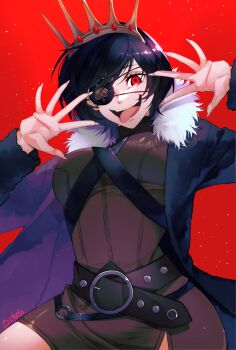 1girl absurdres bchynta belt black_clover black_hair breasts brown_shirt crown eyepatch fur_jacket highres jacket large_breasts looking_at_viewer open_mouth red_background red_eyes shirt short_hair simple_background smile solo spade_(shape) strap vanica_zogratis white_background
