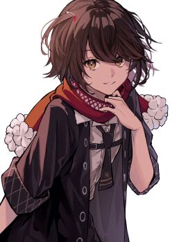 Rule 34 | 1boy, adjusting scarf, bad id, brown hair, coat, collared shirt, dress shirt, grin, hair ornament, hairpin, highres, jacket, looking at viewer, lq saku, mashiro meme, mashiro meme (1st costume), nijisanji, open clothes, open jacket, red scarf, scarf, shirt, short hair, smile, solo, virtual youtuber, white background, white shirt, yellow eyes