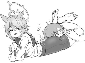 1boy 1girl ahoge animal_ears ass ass_press barefoot bike_shorts blue_archive blush braid braided_ponytail feet fox_ears fox_girl hair_between_eyes hairband halo japanese_text leg_hold monochrome otogi_(blue_archive) shirt smile tank1000ml translation_request white_background white_shirt