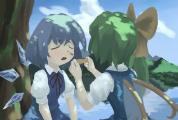 bandaid blue_sky blue_vest bruise bruise_on_face cirno closed_eyes commentary_request daiyousei day grey_hair highres ice ice_wings injury lake long_hair medium_hair reflection reflective_liquid ribbon short_sleeves sky sliyu touhou vest water wings yellow_ribbon