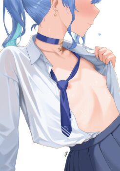 1girl absurdres alternate_costume blue_choker blue_hair blue_necktie blue_skirt blush breasts choker collared_shirt colored_inner_hair diptip double-parted_bangs flat_chest hair_between_eyes head_out_of_frame highres hololive hoshimachi_suisei long_sleeves medium_hair multicolored_hair navel necktie nipples no_bra open_clothes open_shirt pendant_choker pleated_skirt school_uniform shirt shirt_tucked_in side_ponytail sidelocks simple_background skirt small_breasts solo star_pendant virtual_youtuber white_background white_shirt