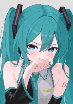 1girl absurdres aqua_hair aqua_necktie bare_shoulders black_sleeves blue_eyes blush detached_sleeves futatunoniji grey_shirt hair_ornament hashtag-only_commentary hatsune_miku highres long_hair necktie shirt solo tears twintails very_long_hair vocaloid