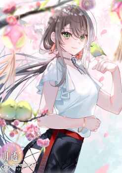 1girl asu_(sinsekai) bird black_pants black_ribbon bracelet branch brown_hair cherry_blossoms closed_mouth clothing_cutout commentary_request cowboy_shot day earrings falling_petals green_eyes highres hip_vent jewelry kamitsubaki_studio long_hair looking_at_viewer miwano_rag neck_ribbon outdoors pants petals ribbon shinsekai_keikaku_sinsekai_city_project shirt short_sleeves sinsekai_record smile solo virtual_youtuber white_shirt