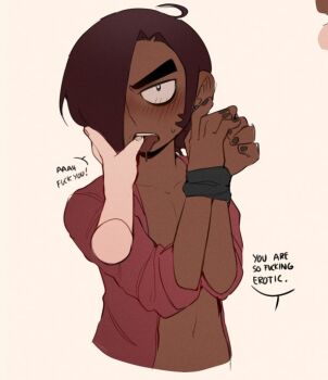 2boys ahoge black_eyeliner black_eyes blush bound bound_wrists brown_hair brown_nails collarbone collared_shirt commentary dark-skinned_male dark_skin drooling ear_piercing english_commentary existenc3 eyeliner finger_on_tongue furrowed_brow gideon_graves hair_over_one_eye hands_up makeup male_focus matthew_patel multiple_boys nail_polish navel open_clothes open_shirt piercing pov pov_hands red_shirt scott_pilgrim_(series) scott_pilgrim_takes_off shirt short_hair speech_bubble sweatdrop teeth thumb_in_mouth tongue tongue_out white_background yaoi