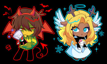 1girl 1other absurdres angel_and_devil angel_wings animal_ears ant_tenna antlers black_background black_pants blonde_hair blue_eyes blue_outline character_doll chibi deer_antlers deer_ears deer_girl deltarune demon_horns demon_tail demon_wings doll drawstring expressionless fake_horns freckles full_body furry furry_female green_hoodie hairband halo hashtag-only_commentary highres holding hood hoodie horn_hairband horns kris_(deltarune) long_hair noelle_holiday outline pants red_eyes red_hairband red_outline simple_background spamton_g._spamton tail utdr_(toby_fox) wings yp_katelove