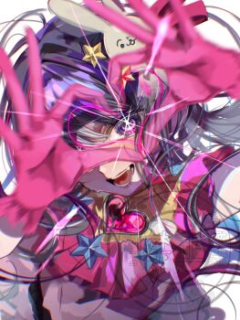 blurry blurry_foreground commentary_request dress gloves heart heart_hands highres hoshino_ai idol long_hair open_mouth oshi_no_ko pink_dress pink_gloves purple_eyes purple_hair smile upper_body watermark white_background yonagiri_47