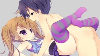 1boy 1girl aoi_aruma ass blue_eyes blue_hair blue_tank_top blush breasts camisole closed_mouth clothed_female_nude_male collarbone completely_nude cowboy_shot from_side game_cg grey_background hair_between_eyes hair_ornament hairclip half-closed_eyes himukai_ao_(jissai_no_tokoro) humping izuno_shiun_(jissai_no_tokoro) jissai_no_tokoro kodomo_doushi leg_lock loli long_hair miniskirt navel nude open_mouth parted_lips pleated_skirt purple_camisole purple_eyes purple_skirt raised_inner_eyebrows sex short_hair sidelocks simple_background skirt small_breasts smile striped_clothes striped_thighhighs tank_top thighhighs twintails v-shaped_eyebrows very_long_hair