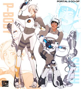 1boy 1girl antennae aperture_science_handheld_portal_device armor artist_name atlas_(portal) black_hair blonde_hair blue_eyes blush body_armor bodysuit breastplate brown_bodysuit collared_jumpsuit commentary commentary_request copyright_name dark-skinned_male dark_skin despair_sauce_(artist) english_commentary english_text faulds greaves headgear highres jumpsuit knee_pads leaning_back looking_at_another mechanical_arms mechanical_legs object_and_personification orange_eyes p-body pale_skin personification portal portal_(series) portal_2 robot shoulder_armor thigh_strap white_background zoom_layer