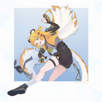 1girl absurdres animal_ears black_gloves black_shirt black_shoes black_shorts blonde_hair blue_bow bow cropped_jacket elbow_gloves fingerless_gloves gloves green_eyes highres jacket ju_fufu long_hair looking_at_viewer multicolored_hair open_mouth rs_(radius) shirt shoes shorts smile socks solo tail tail_bow tail_ornament tiger_ears tiger_girl tiger_tail two-tone_hair white_hair white_socks yellow_jacket zenless_zone_zero