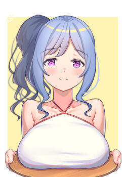 1girl absurdres azur_lane blue_hair border breast_rest breasts breasts_on_tray carried_breast_rest carrying chinese_commentary closed_mouth collarbone commentary_request halterneck highres holding holding_tray large_breasts light_blush looking_at_viewer outside_border purple_eyes side_ponytail smile solo st._louis_(azur_lane) tray upper_body white_border xiaoxi0619 yellow_background