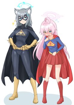2girls abydos_high_school_logo ahoge animal_ears batgirl batgirl_(cosplay) batgirl_costume_(2018) batman_(series) belt black_bodysuit black_boots black_leotard blue_archive bodysuit boots cape commentary_request cosplay dc_comics full_body gloves height_difference heterochromia highres hoshino_(blue_archive) leotard long_hair multiple_girls pink_hair red_boots red_cape red_skirt shiroko_(blue_archive) skirt supergirl supergirl_(cosplay) superhero_costume superman_(series) utility_belt wolf_ears yellow_boots yellow_gloves zebeltuku_12