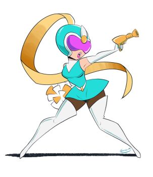 1girl armpits artist_name belt blonde_hair boots brandon_m breasts capcom curvy dress elbow_gloves gamepal gloves gun helmet highres long_hair medium_breasts pom_pom_(cheerleading) ponytail sexy_silvia_(viewtiful_joe) silvia_(viewtiful_joe) sleeveless thigh_boots thighhighs viewtiful_joe visor_(armor) weapon