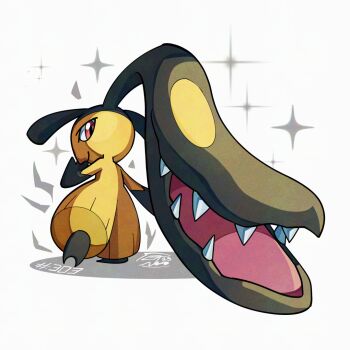 Rule 34 | black fur, full body, gen 3 pokemon, looking at viewer, looking back, mawile, mistray-art, nintendo, numbered, pokemon, pokemon (creature), sharp teeth, signature, simple background, solo, teeth, two-tone fur, white background, yellow fur