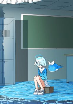 1girl arona_(blue_archive) blue_archive blue_hair blue_serafuku bow_hairband box braid cabinet cellphone chalkboard classroom flying_whale hair_over_one_eye hairband halo highres multicolored_hair on_box phone pink_hair sailor_collar school_uniform serafuku shoes short_hair single_braid sitting sitting_on_box skirt smartphone tile_floor tiles two-tone_hair whale white_footwear white_hairband white_sailor_collar white_skirt yukko_(hcryh955)