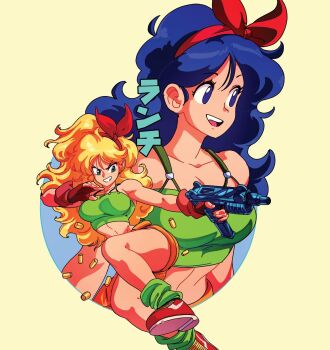 blonde_hair blue_eyes blue_hair breasts cleavage crop_top curly_hair david_liu dragon_ball dragon_ball_(classic) dual_persona fingerless_gloves gloves green_socks green_tank_top gun hairband highres long_hair lunch_(bad)_(dragon_ball) lunch_(dragon_ball) lunch_(good)_(dragon_ball) midriff red_hairband shell_casing short_shorts shorts socks submachine_gun tank_top uzi weapon yellow_shorts