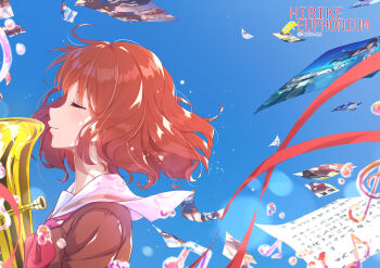 1girl bass_clef beamed_eighth_notes blue_background blush brown_hair brown_shirt bubble closed_eyes commentary copyright_name eighth_note euphonium floating_hair from_side hibike!_euphonium highres holding instrument kitauji_high_school_uniform kurenaiz_(kureniz) musical_note neckerchief oumae_kumiko paper profile red_neckerchief red_ribbon ribbon sailor_collar school_uniform serafuku sheet_music shirt short_hair sky smile solo treble_clef twitter_username white_sailor_collar