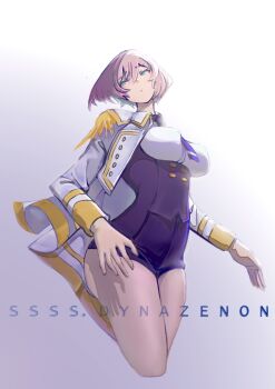 1girl blue_eyes bob_cut boots breasts brown_hair corset english_text gloves gridman_universe jacket looking_to_the_side military_jacket military_uniform mujina necktie purple_corset purple_necktie purple_shorts short_hair shorts simple_background ssss.dynazenon tassel thick_thighs thighs underbust user_svvy8438 white_jacket