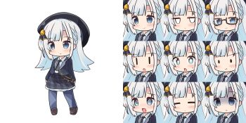 +_+ 1girl @_@ asumi_ririse black-framed_eyewear black_jacket black_necktie blank_eyes blue_eyes blush braid brown_shoes chibi closed_mouth collared_shirt commentary_request glasses grey_pantyhose grey_skirt highres jacket jitome loafers long_hair long_sleeves necktie open_mouth pantyhose parted_lips plaid_clothes plaid_skirt ryogo semi-rimless_eyewear shaded_face shirt shoes skirt smile tie_clip under-rim_eyewear voicepeak white_background white_hair white_shirt |_|