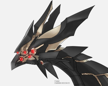 dragon glowing glowing_eyes grey_background mecha mechanical no_humans non-humanoid_robot original profile red_eyes robot robot_dragon simple_background upper_body wiol_(warm_haut)