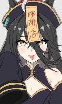 1girl animal_ears black_dress black_hair breasts china_dress chinese_clothes cleavage closed_mouth dress ear_ornament ear_tag earrings ears_through_headwear grey_background hair_between_eyes hand_up highres horse_ears horse_girl jewelry jiangshi_costume long_hair long_hair_between_eyes long_sleeves manhattan_cafe_(umamusume) ofuda ofuda_on_head simple_background single_earring sleeves_past_fingers sleeves_past_wrists small_breasts solo tongue tongue_out umamusume user_rmus7348 yellow_eyes