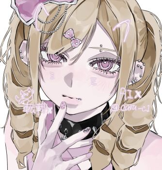 1girl aegyo_sal black_choker bow caru_c1 choker closed_mouth commentary drill_hair ear_piercing eyebrow_piercing face_piercing gyaru hair_between_eyes hair_bow hand_up highres hime_gyaru long_hair looking_at_viewer multicolored_nails original piercing pink_bow pink_eyes pink_nails polka_dot polka_dot_bow simple_background solo spiked_choker spikes symbol-only_commentary twin_drills upper_body white_background