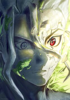 1boy commentary_request crack cracked_kawaii_mask cracked_skin dr._stone highres ishigami_senkuu male_focus on_grass parted_lips peperonnronna petrification portrait red_eyes short_hair solo twitter_username
