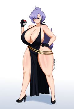 1girl absurdres anabel_(pokemon) areola_slip bare_shoulders breasts cleavage curvy dress earpiece female_focus full_body gloves hand_on_own_hip high_heels highres huge_breasts long_hair looking_at_viewer matching_hair/eyes nintendo no_bra poke_ball pokemon pokemon_sm purple_eyes purple_hair solo thick_thighs thighs umbra_arts wide_hips