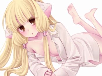 1girl arm_support blonde_hair blunt_bangs breasts brown_eyes chii chobits collared_shirt colored_eyelashes eyelashes humanoid_robot long_hair looking_at_viewer low_twintails lying mipi_(u3u_00) naked_shirt no_pupils on_side open_clothes open_shirt parted_lips persocom robot robot_ears robot_girl shirt simple_background sketch sleeves_past_wrists small_breasts solo straight_hair twintails very_long_hair white_background white_shirt