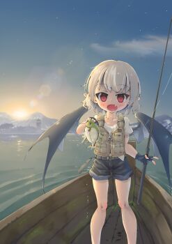 1girl absurdres alternate_costume alternate_hair_color animal bat_wings belt blush boat cloud commentary_request fang feet_out_of_frame fingerless_gloves fish fishing fishing_rod gloves gomatti2305 grey_hair happy highres holding holding_animal holding_fish holding_fishing_rod knife lake life_vest light_particles looking_at_viewer morning mountainous_horizon on_boat open_mouth pointy_ears red_eyes remilia_scarlet ripples scenery shirt short_hair short_sleeves shorts sky slit_pupils solo standing star_(sky) sun sunrise touhou tower tree v water watercraft white_shirt wings