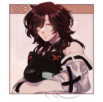 1girl @_@ artist_self-insert bare_shoulders border brown_eyes brown_hair ember_(embertinted) hair_between_eyes hair_ornament hairclip highres holostars holostars_english hug jacket long_hair long_sleeves looking_at_viewer machiroon_(machina_x_flayon) original smile solo upper_body white_border white_jacket