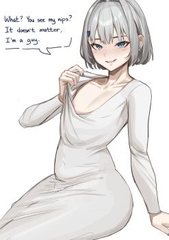 1boy absurdres blue_eyes boros_(ouro_kronii) collarbone commentary crossdressing crossdressing_(mtf) dress english_commentary english_text highres hololive hololive_english long_sleeves nipple_slip nipples parted_lips personification simple_background slit_pupils smile solo tanukidraws trap virtual_youtuber white_background white_dress white_hair