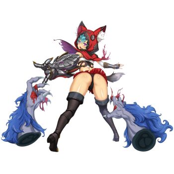 1boy 1girl 1other animal_ears animal_hood ass back blue_fur blue_hair blush boots breasts cameltoe cape claws colored_skin ear_piercing fake_animal_ears full_body gold grey_skin hat highres hood looking_back medium_breasts monster nanatsu_no_bitoku open_mouth panties piercing purple_eyes sandalphon_(nanatsu_no_bitoku) short_hair skirt torn_clothes transparent_background underwear veins wolf wolf_hood
