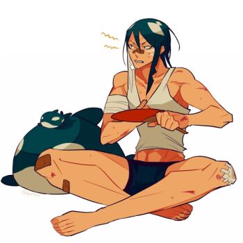 Rule 34 | 1boy, bandaged arm, bandages, bandaid, bandaid on face, bandaid on leg, bandaid on nose, blue hair, boxers, collar tug, edarow, fanning self, fins, full body, gauze on knee, hand fan, head fins, hot, indian style, injury, long hair, looking to the side, male focus, male underwear, midriff, orca boy, original, sharp teeth, simple background, sitting, solo, stuffed animal, stuffed orca, stuffed toy, sweat, tank top, teeth, toned, toned male, underwear, white background, white tank top