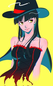 1girl alternate_costume amagi_yukiko arms_at_sides bare_shoulders black_hair black_hat breasts closed_mouth commentary_request corrupted_twitter_file cropped_torso cross-laced_clothes cross-laced_top hat highres inuha_dayo52 lace lace-trimmed_shirt lace_trim long_hair looking_to_the_side medium_breasts persona persona_4 shirt sidelocks simple_background sleeveless sleeveless_shirt smile solo spaghetti_strap straight_hair white_shirt witch_hat yellow_background yellow_eyes