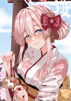 1girl absurdres alternate_costume blue_archive blue_eyes blue_sky bow closed_mouth commentary ema floral_print floral_print_kimono flower hair_between_eyes hair_bow hair_flower hair_ornament halo happy_new_year highres holding holding_ema japanese_clothes kimono mimori_(blue_archive) new_year obi obijime outdoors pink_hair pink_halo pink_kimono pink_pupils print_kimono red_bow red_flower rynn_(darknescorez) sash sky smile solo torii updo upper_body