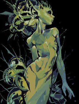 1girl absurdres arm_behind_back black_background black_eyeshadow colored_skin eyeshadow facing_away green_skin green_theme hair_bun highres makeup mermaid monster_girl nude original outstretched_arm painterly plant_hair pointy_ears ribs simple_background solo twulfs