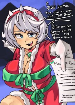 1girl ahoge blue_eyes bob_cut breasts choker cleavage commentary dress elphelt_valentine english_commentary gloves green_ribbon green_trim guilty_gear guilty_gear_strive hairband highres holding holding_paper huge_ahoge large_breasts mistletoe moxydraws open_mouth paper red_choker red_hairband ribbon santa_costume santa_dress short_hair smile solo spiked_hairband spikes white_gloves white_hair