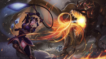 1girl 3boys armor axe blue_eyes boar bola_(weapon) breath_weapon breathing_fire brown_thighhighs dragon eliskalti fake_horns fire flail glowing glowing_eyes green_hat hat helmet highres holding holding_weapon horned_helmet horns league_of_legends multiple_boys olaf olaf_(league_of_legends) open_mouth outdoors parted_lips riding rift_scuttler saddle sejuani standing teemo thighhighs udyr volibear watermark weapon web_address white_hair yordle