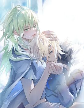 1boy 1girl armor black_armor black_cape blonde_hair blue_eyes breastplate breasts cape closed_mouth commentary_request dimitri_alexandre_blaiddyd dimitri_alexandre_blaiddyd_(timeskip) eyepatch female_byleth_(awakened)_(fire_emblem) female_byleth_(fire_emblem) fingernails fire_emblem fire_emblem:_three_houses green_eyes green_hair hand_on_another&#039;s_head hetero holding_hands lips long_hair looking_at_another medium_breasts midriff_peek nintendo one_eye_covered zat_296