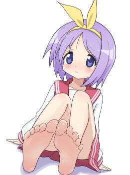 Rule 34 | 1girl, absurdres, arm support, barefoot, blush, bow hairband, commentary request, feet, foot focus, frown, full body, hairband, highres, hiiragi tsukasa, knees to chest, long sleeves, lucky star, meisoochuu, purple eyes, purple hair, red sailor collar, ryouou school uniform, sailor collar, school uniform, short hair, simple background, sitting, soles, solo, thighs, toes, white background, yellow hairband